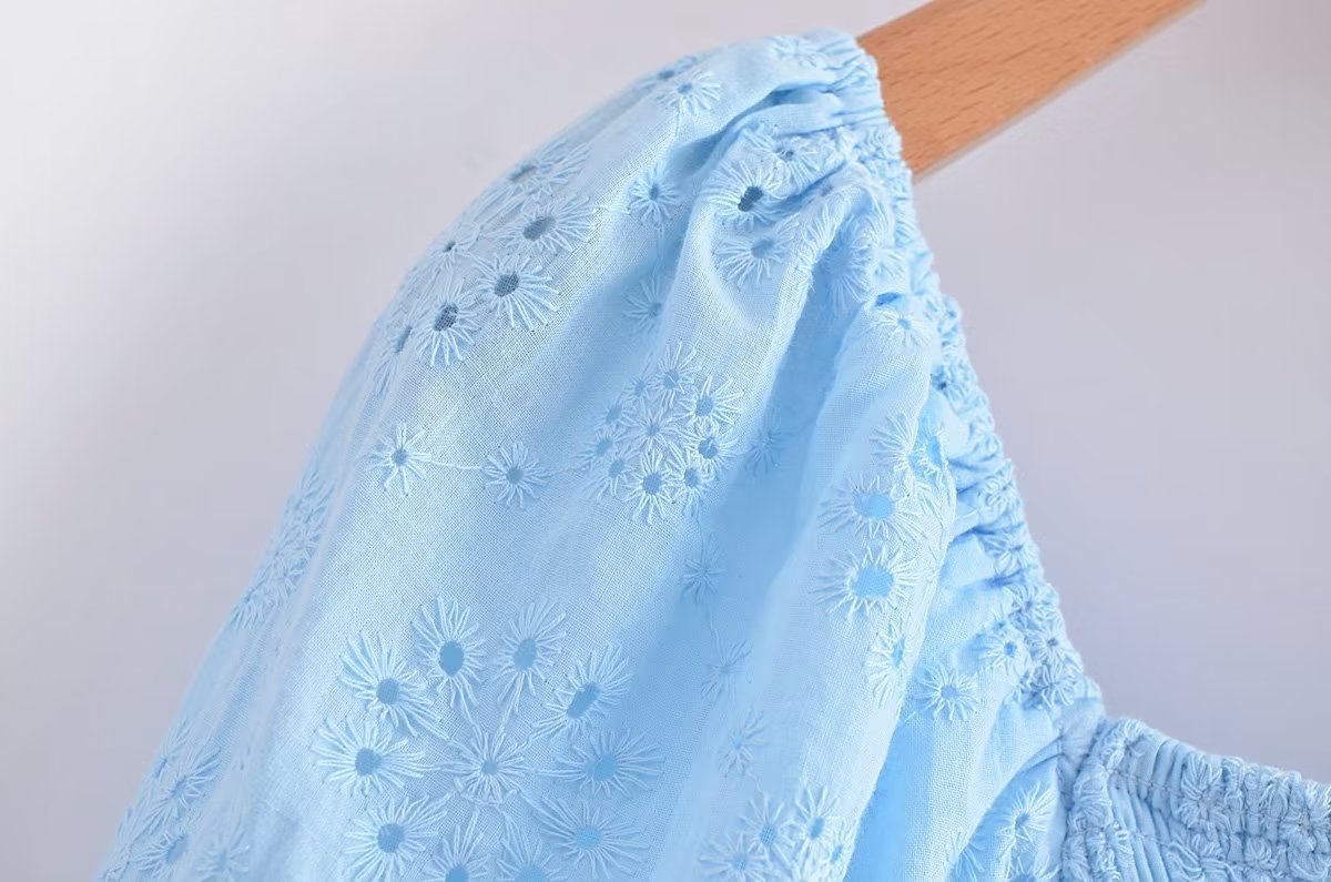 Blue Square-Neck Puff-Sleeve Tiered Mini Dress