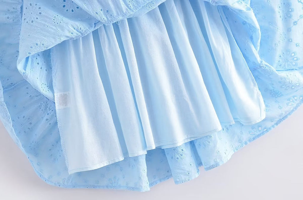 Blue Square-Neck Puff-Sleeve Tiered Mini Dress