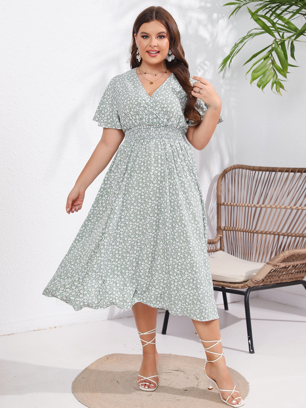 Floral V-Neck Short Sleeve Midi Dress
