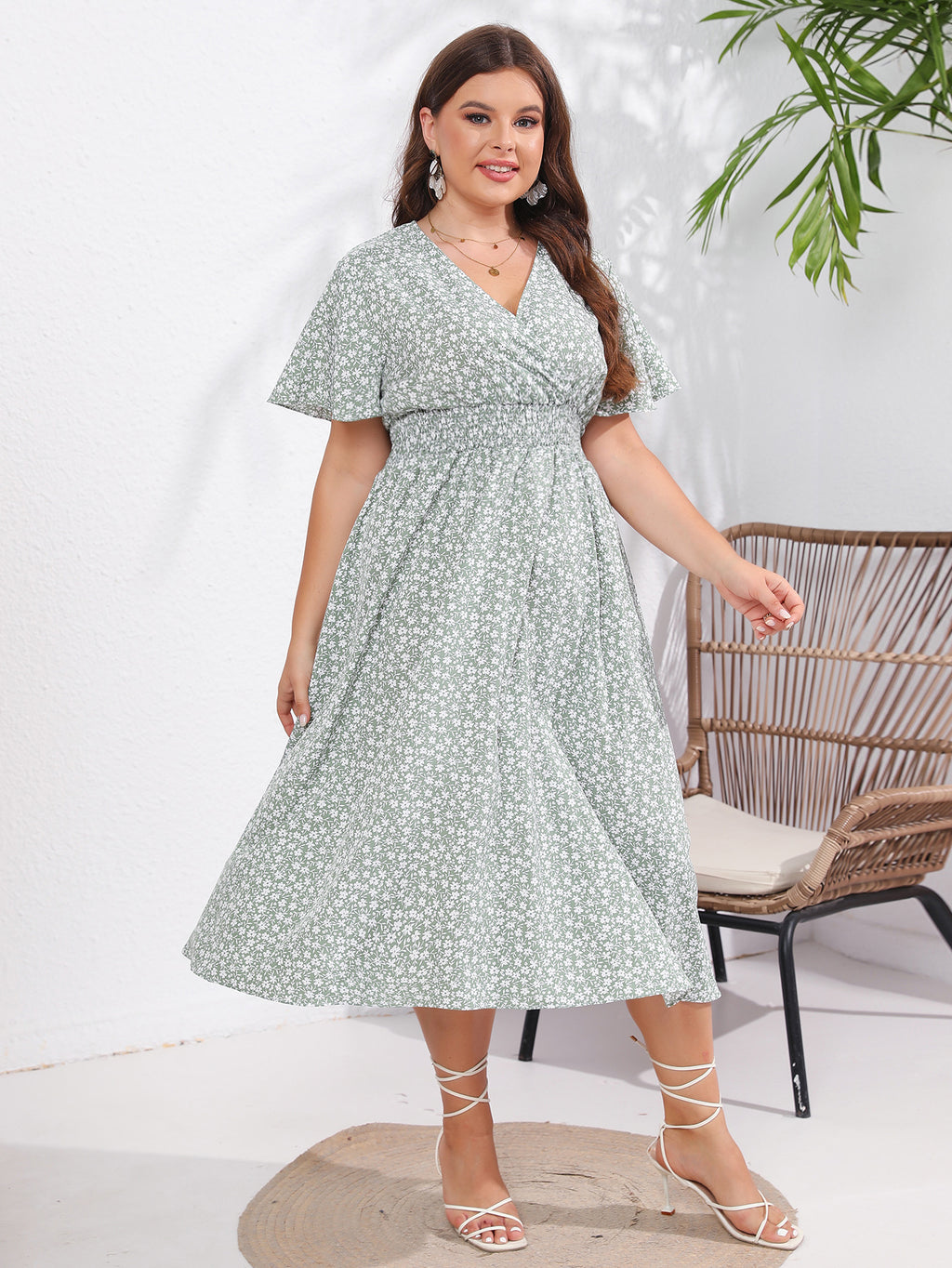 Floral V-Neck Short Sleeve Midi Dress