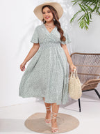 Floral V-Neck Short Sleeve Midi Dress