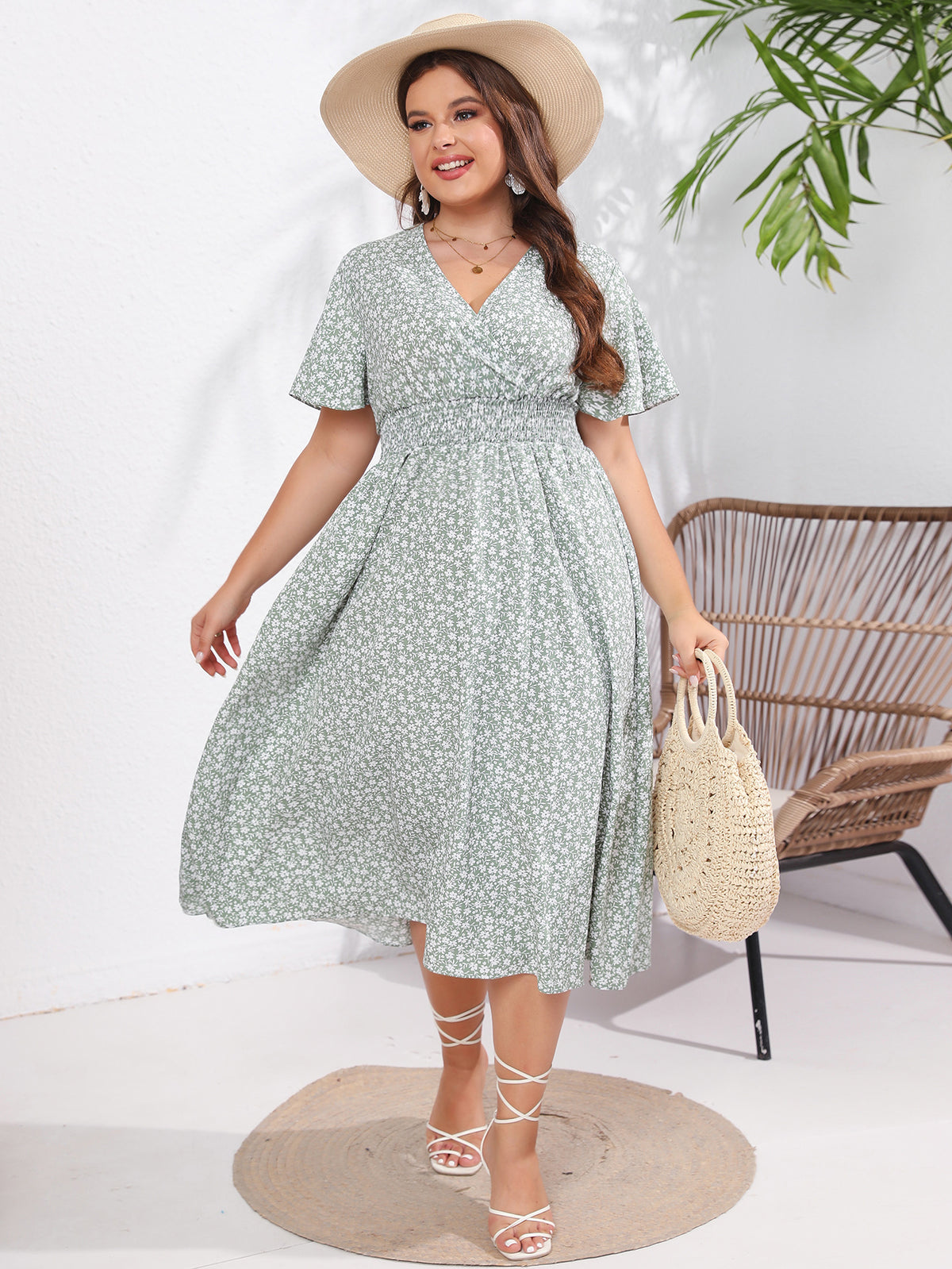 Floral V-Neck Short Sleeve Midi Dress