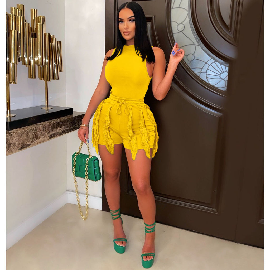 Women's Suit Tassel Lace Sleeveless Shorts Jumpsuit Two Piece Set