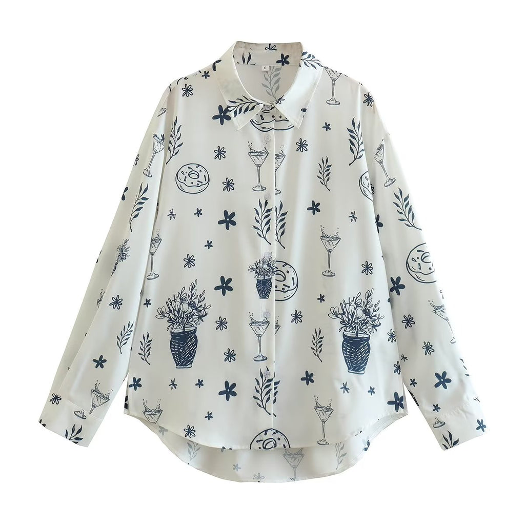 Women's Summer Fashionable Printed Shirt Loose Lapels Single Breasted Long Sleeve Shirt Top