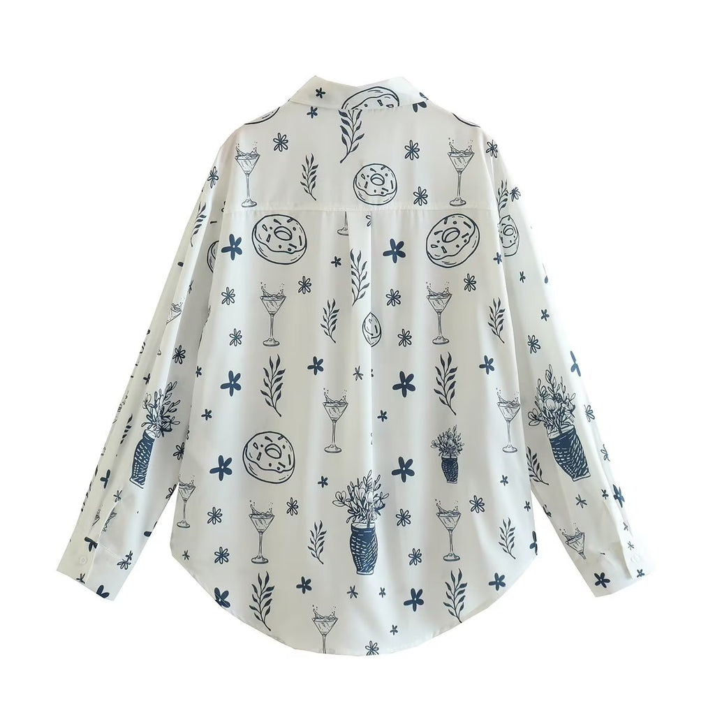 Women's Summer Fashionable Printed Shirt Loose Lapels Single Breasted Long Sleeve Shirt Top