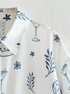 Women's Summer Fashionable Printed Shirt Loose Lapels Single Breasted Long Sleeve Shirt Top
