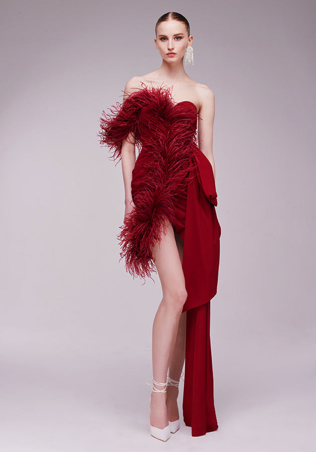 Women's Feather-Trim Asymmetric Bodycon Mini Dress
