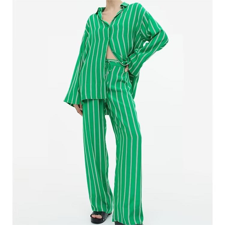 Striped Printed Single Breasted Shirt Top Straight Leg Pants Suit Set