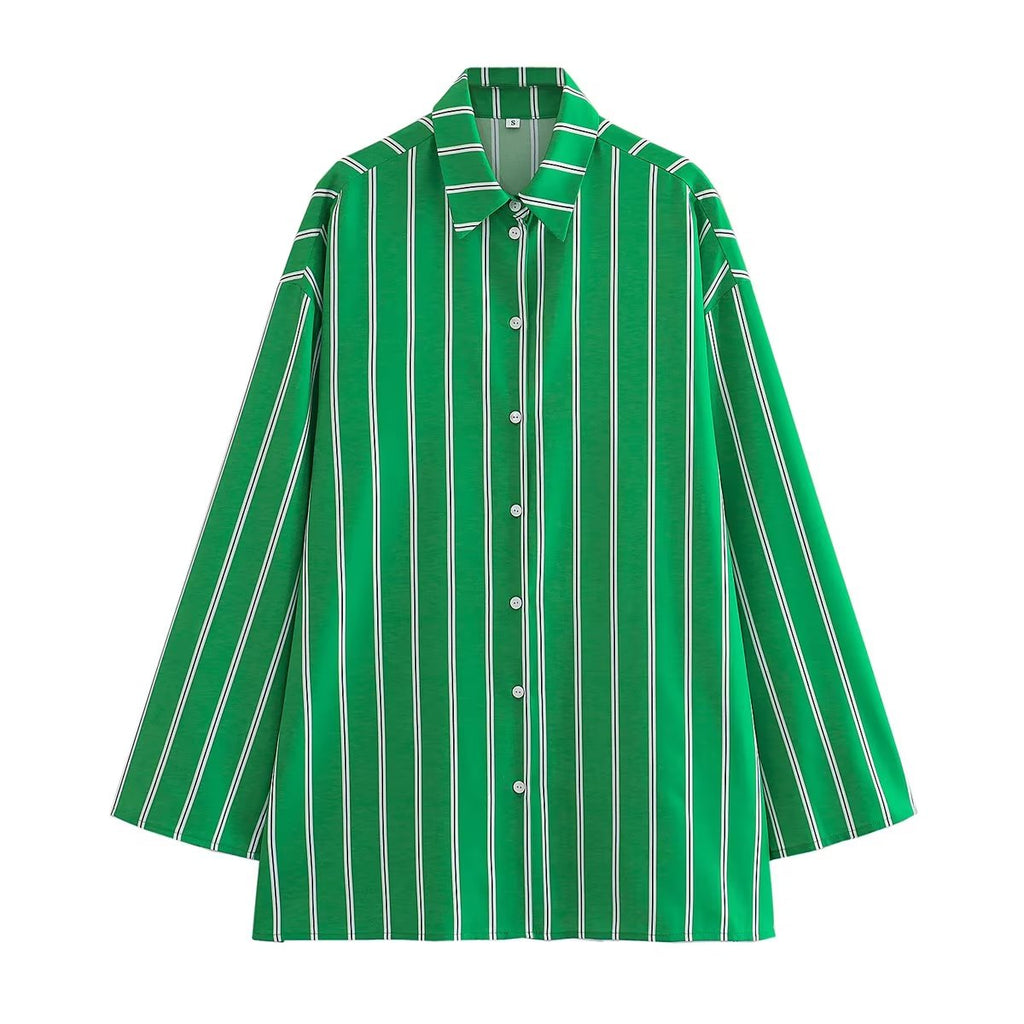 Striped Printed Single Breasted Shirt Top Straight Leg Pants Suit Set