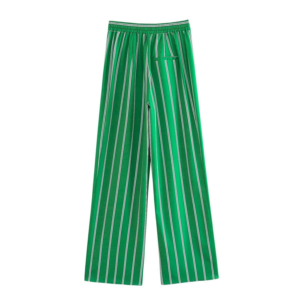 Striped Printed Single Breasted Shirt Top Straight Leg Pants Suit Set