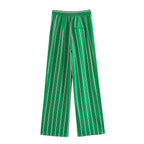 Striped Printed Single Breasted Shirt Top Straight Leg Pants Suit Set