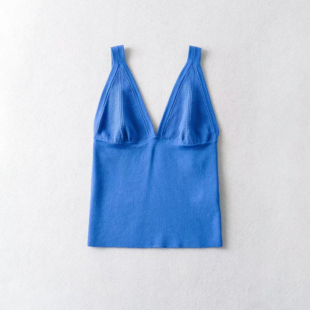 Women's 's Deep V Plunge Neck Top Basic Solid Color Knitted Small Tank Top