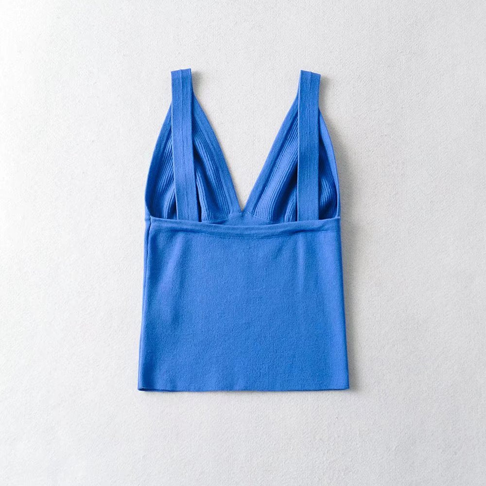 Women's 's Deep V Plunge Neck Top Basic Solid Color Knitted Small Tank Top