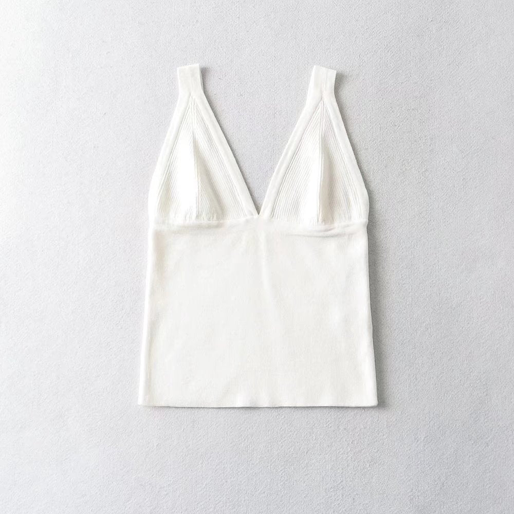 Women's 's Deep V Plunge Neck Top Basic Solid Color Knitted Small Tank Top