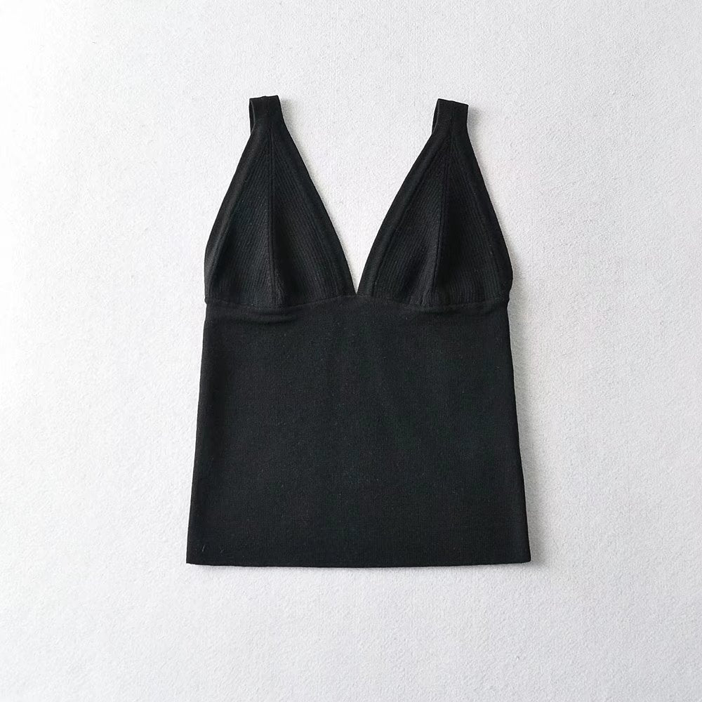 Women's 's Deep V Plunge Neck Top Basic Solid Color Knitted Small Tank Top