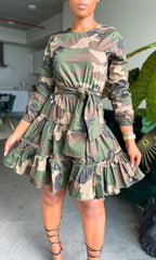 Dress Long Sleeve Camouflage Printed A-Line Midi Tiered