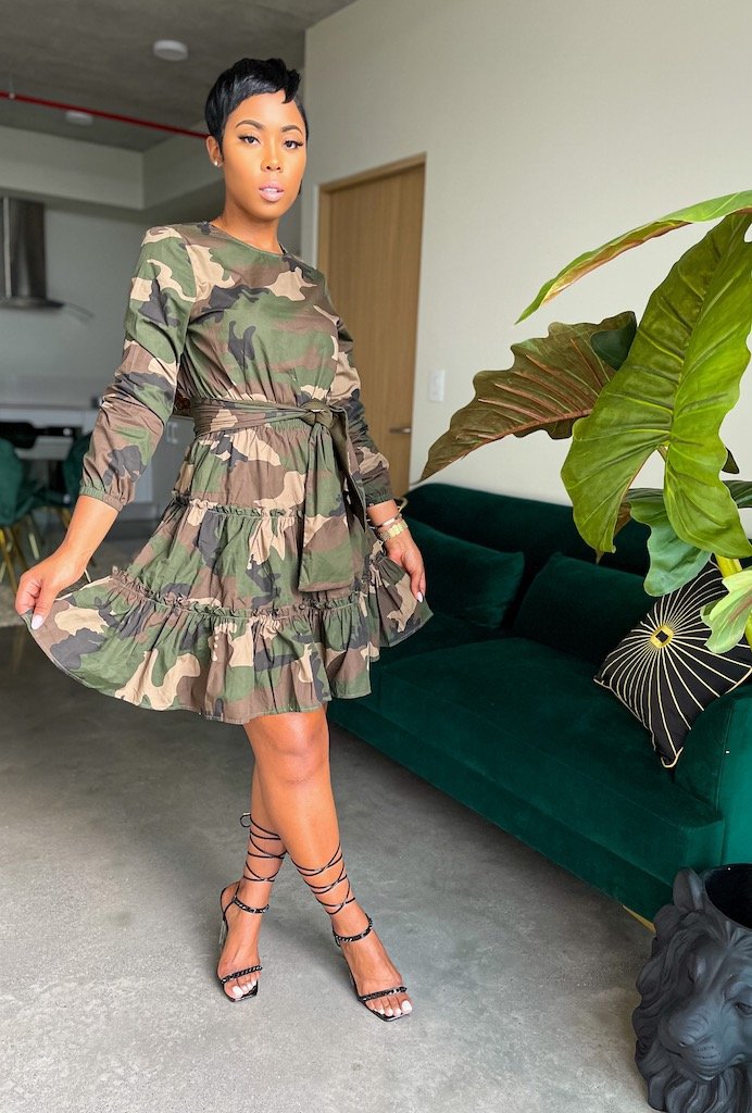 Dress Long Sleeve Camouflage Printed A-Line Midi Tiered