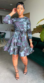 Dress Long Sleeve Camouflage Printed A-Line Midi Tiered