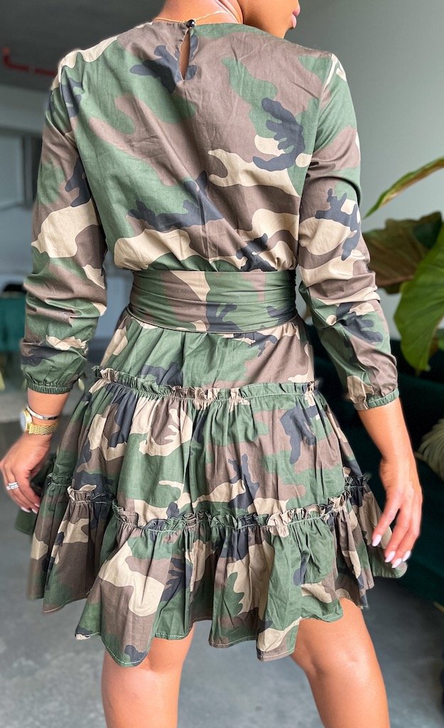 Dress Long Sleeve Camouflage Printed A-Line Midi Tiered