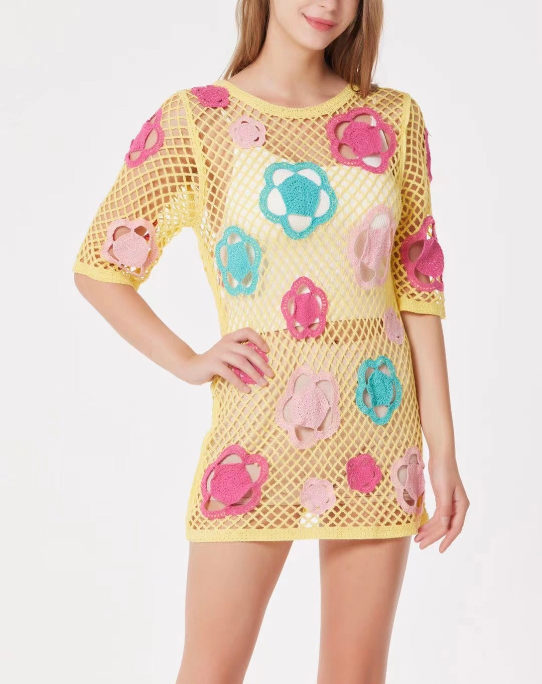 Floral Crochet Short-Sleeve Bodycon Mini Dress