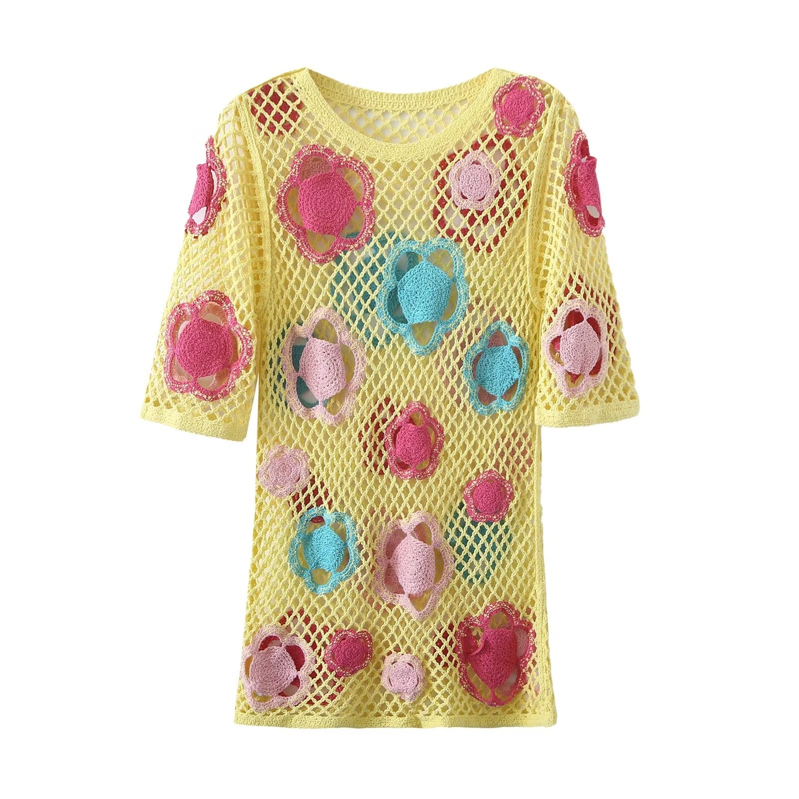 Floral Crochet Short-Sleeve Bodycon Mini Dress
