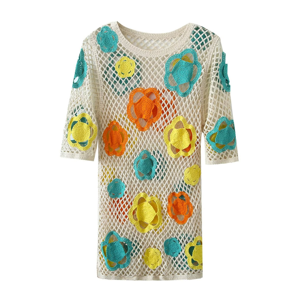 Floral Crochet Short-Sleeve Bodycon Mini Dress