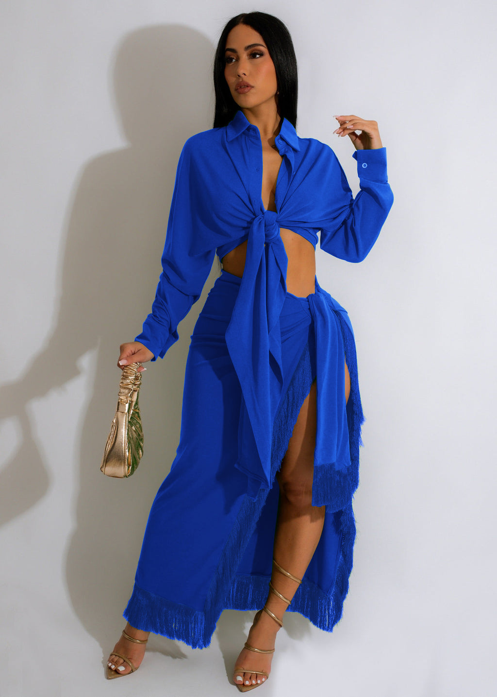 Women's Tassel Lace Up Slit Shirt and Skirt Two-Piece Set