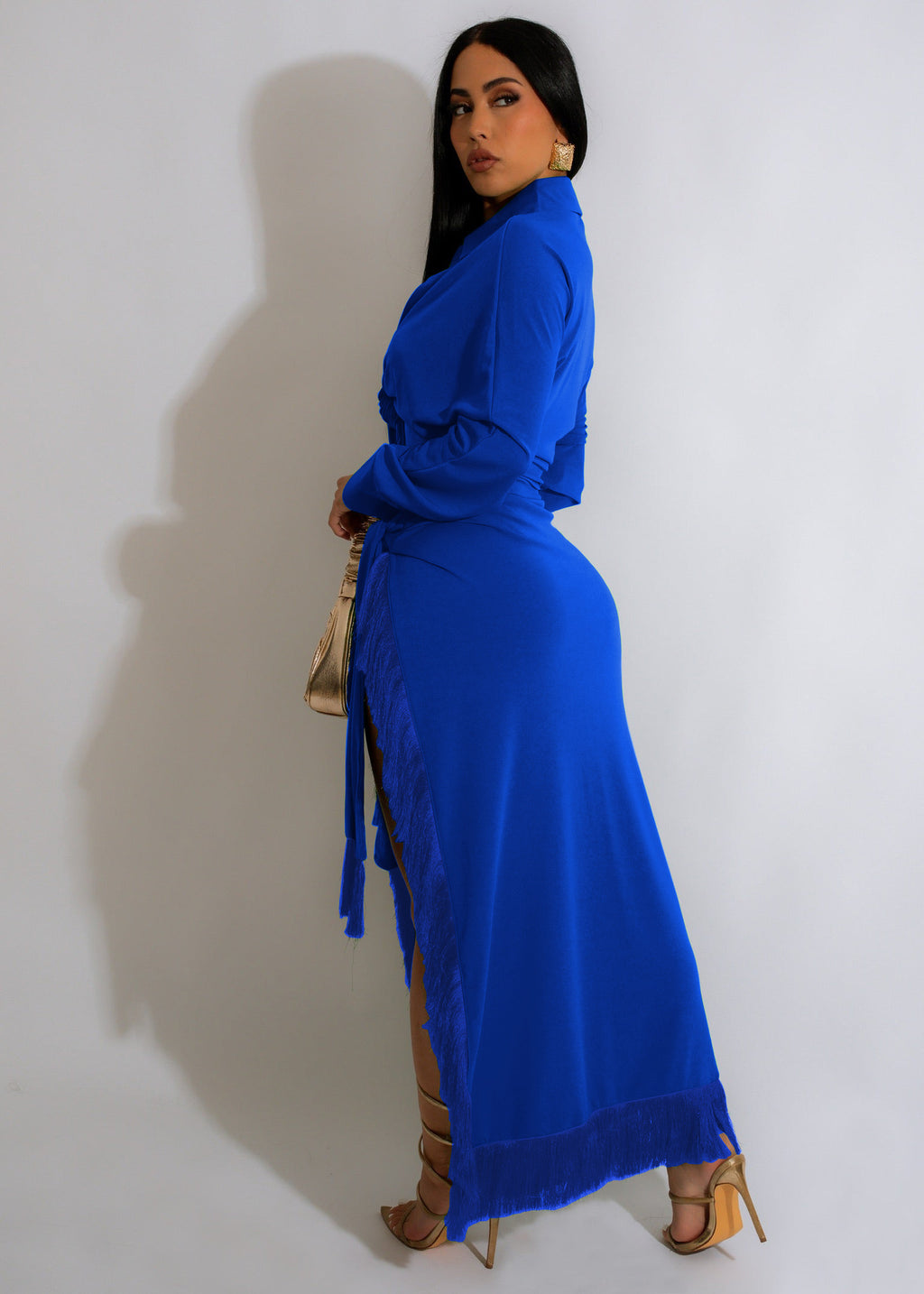 Women's Tassel Lace Up Slit Shirt and Skirt Two-Piece Set