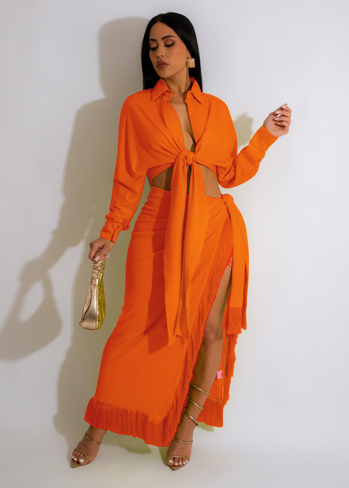 Women's Tassel Lace Up Slit Shirt and Skirt Two-Piece Set