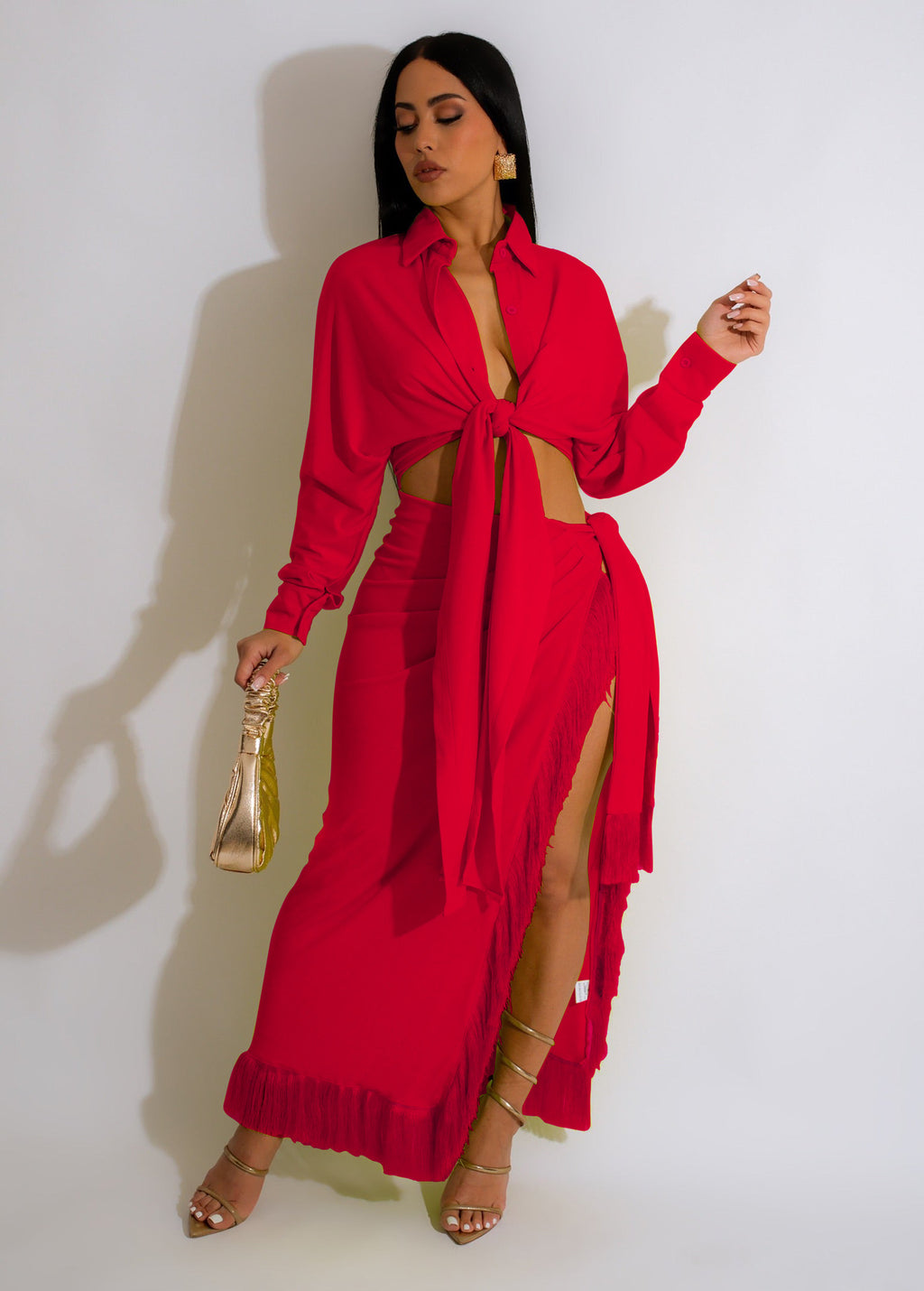 Women's Tassel Lace Up Slit Shirt and Skirt Two-Piece Set