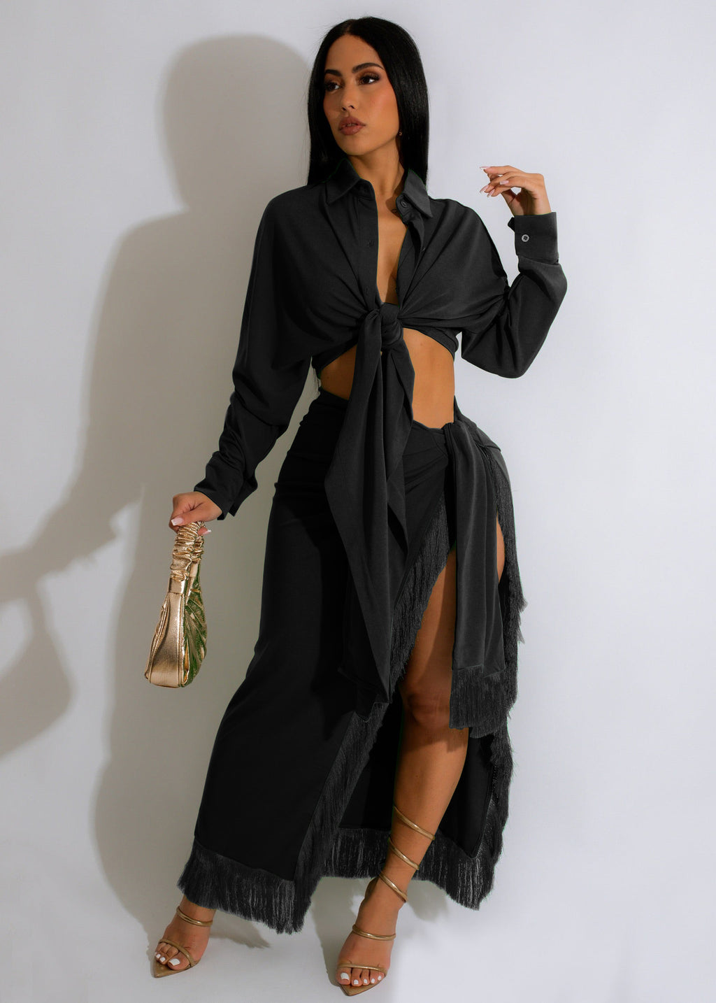 Women's Tassel Lace Up Slit Shirt and Skirt Two-Piece Set