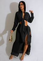 Women's Tassel Lace Up Slit Shirt and Skirt Two-Piece Set