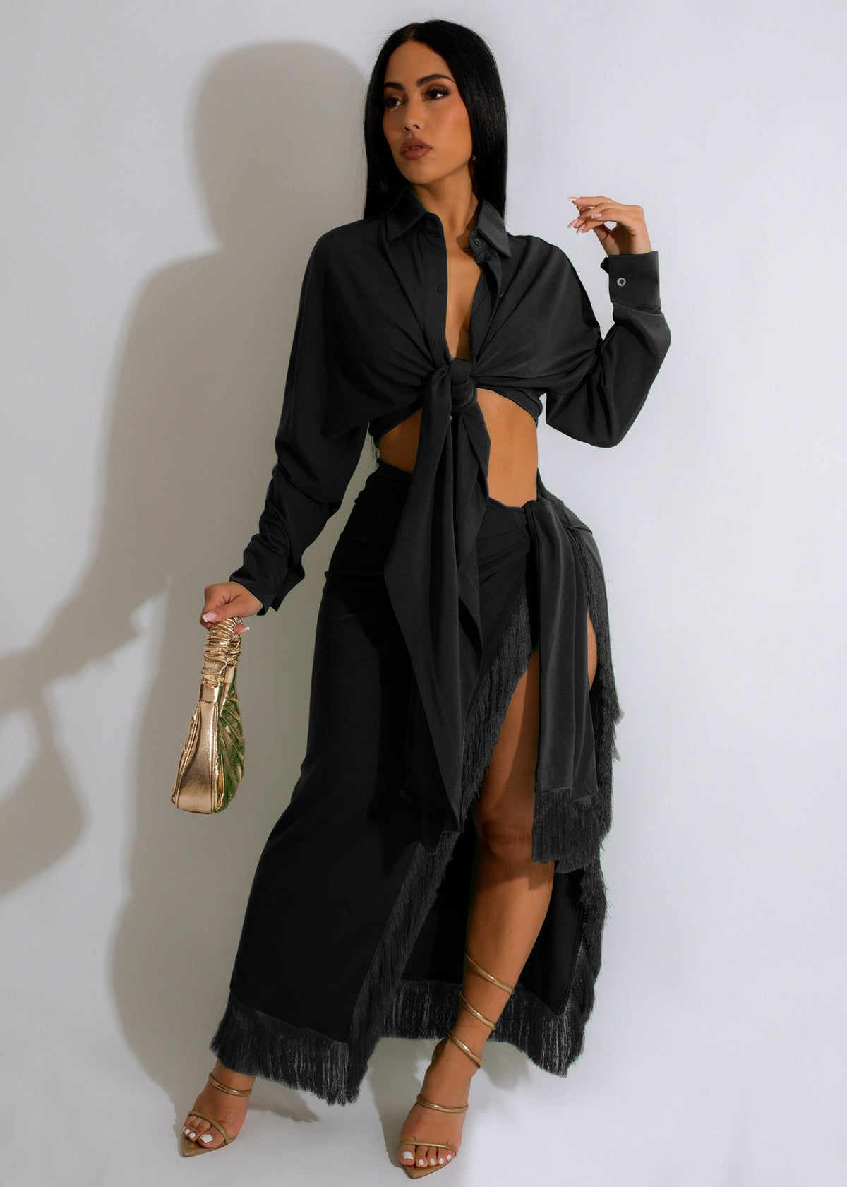 Women's Tassel Lace Up Slit Shirt and Skirt Two-Piece Set