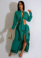 Women's Tassel Lace Up Slit Shirt and Skirt Two-Piece Set