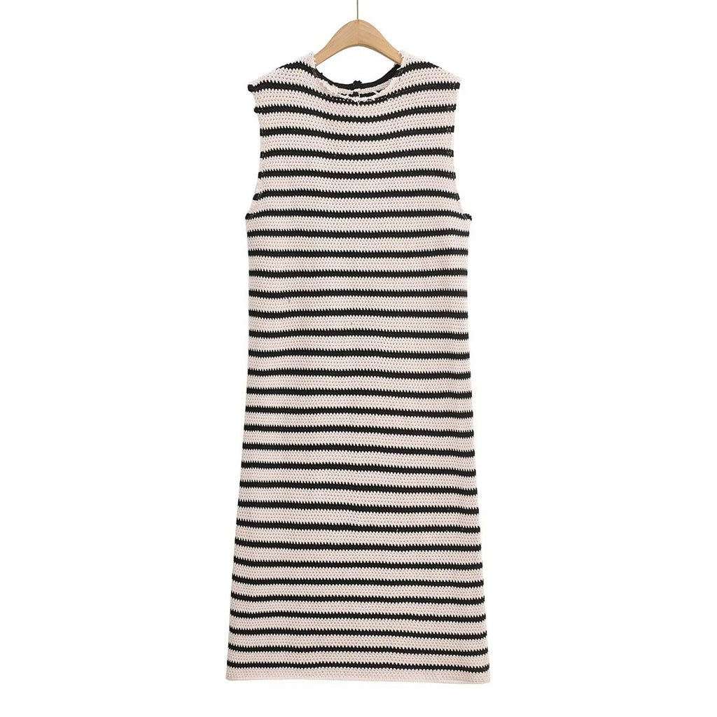 Fall Women's Crew Neck Raw Edges Design Striped Vest Knitted Dress