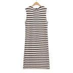 Fall Women's Crew Neck Raw Edges Design Striped Vest Knitted Dress