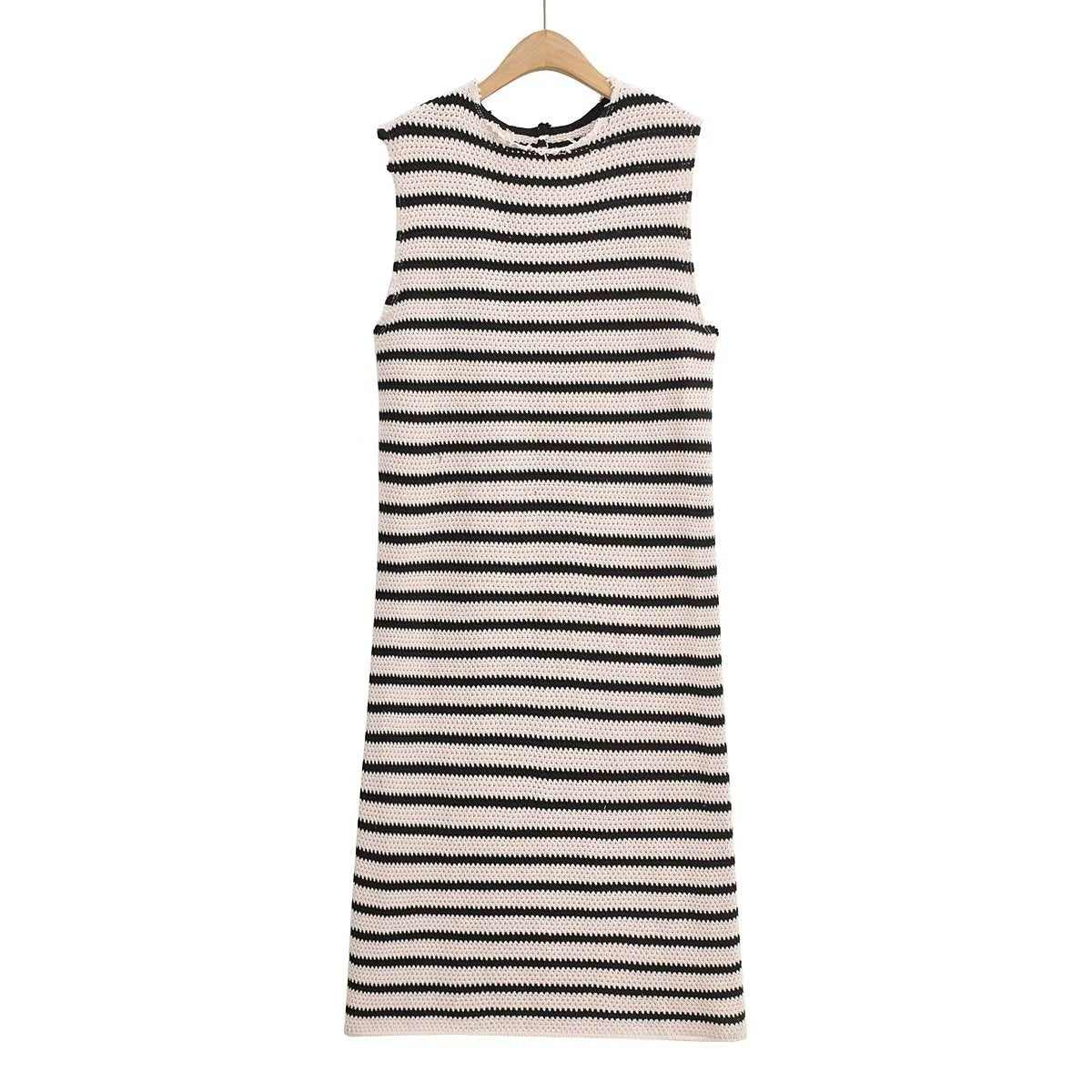 Fall Women's Crew Neck Raw Edges Design Striped Vest Knitted Dress