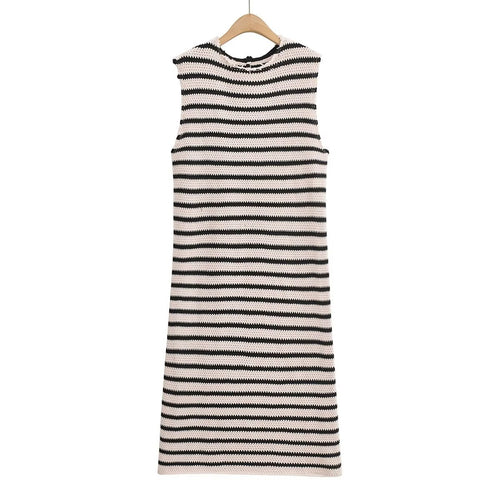 Fall Women's Crew Neck Raw Edges Design Striped Vest Knitted Dress