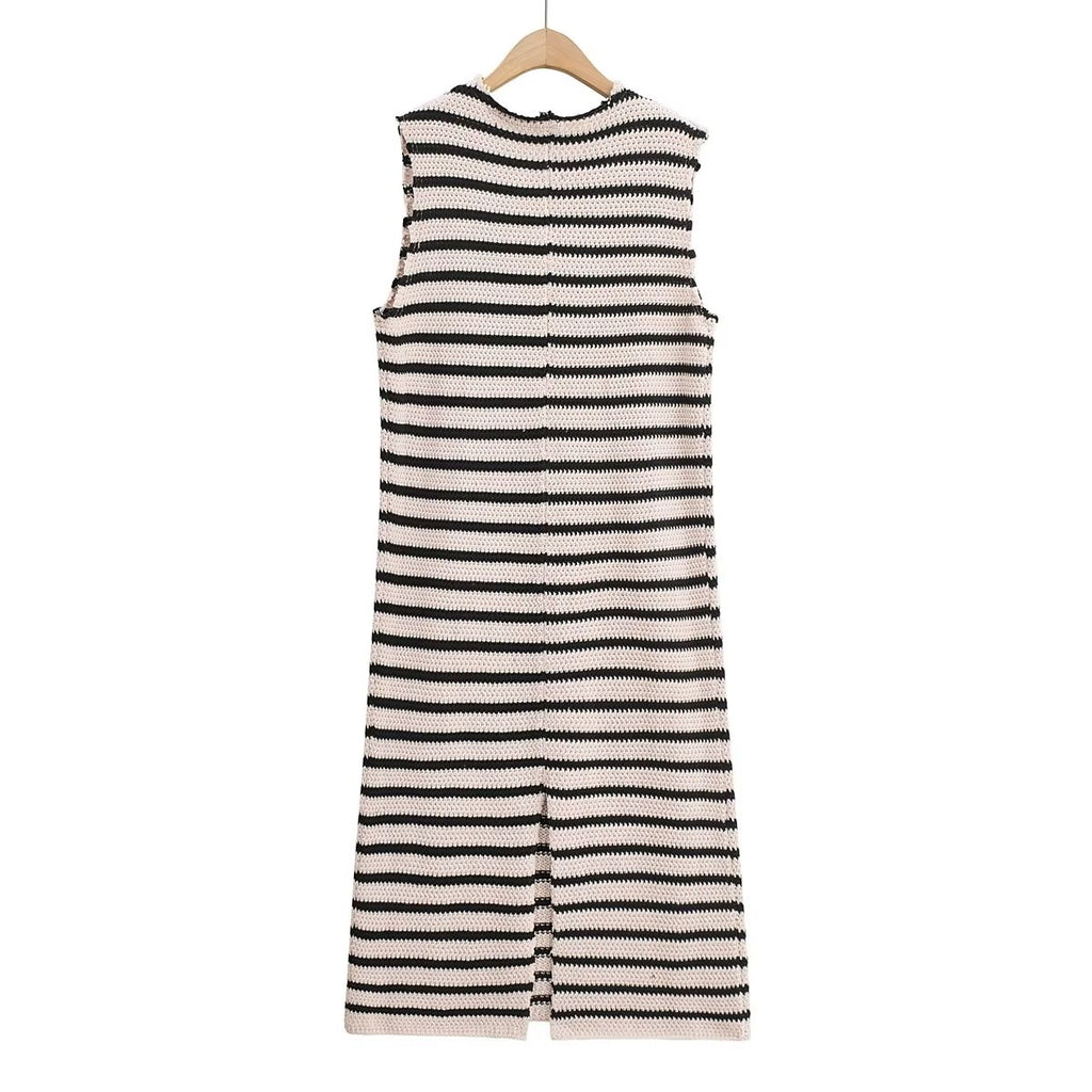 Fall Women's Crew Neck Raw Edges Design Striped Vest Knitted Dress