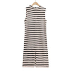 Fall Women's Crew Neck Raw Edges Design Striped Vest Knitted Dress