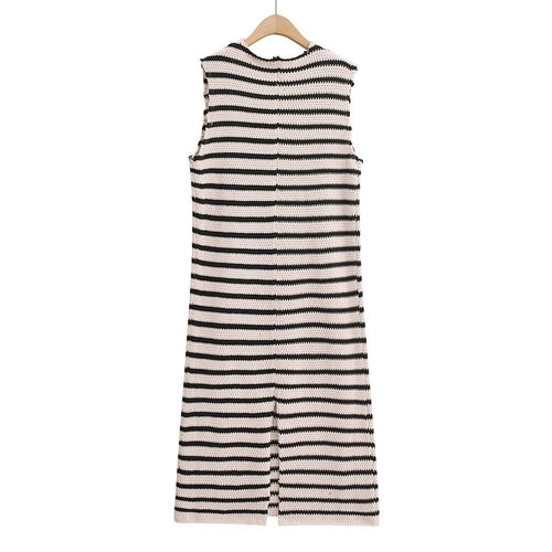 Fall Women's Crew Neck Raw Edges Design Striped Vest Knitted Dress