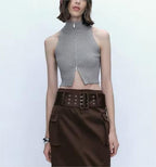 's Solid Color Stand Collar Double Headed Zipper Sleeveless Slim Top