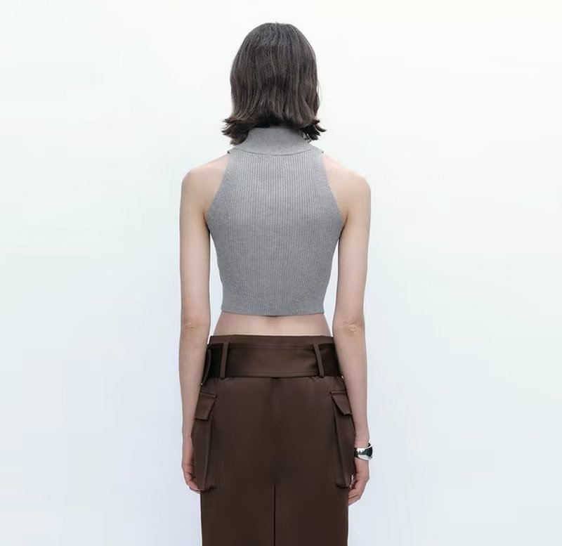 's Solid Color Stand Collar Double Headed Zipper Sleeveless Slim Top
