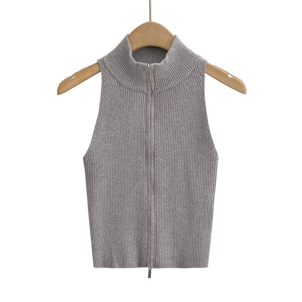 's Solid Color Stand Collar Double Headed Zipper Sleeveless Slim Top