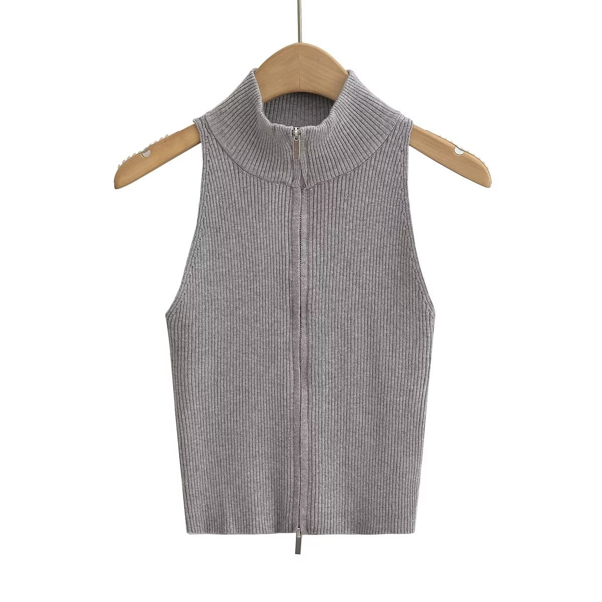 's Solid Color Stand Collar Double Headed Zipper Sleeveless Slim Top