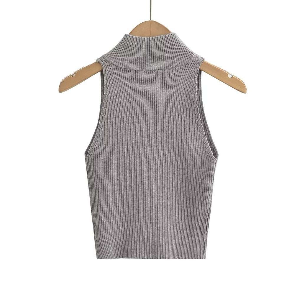 's Solid Color Stand Collar Double Headed Zipper Sleeveless Slim Top