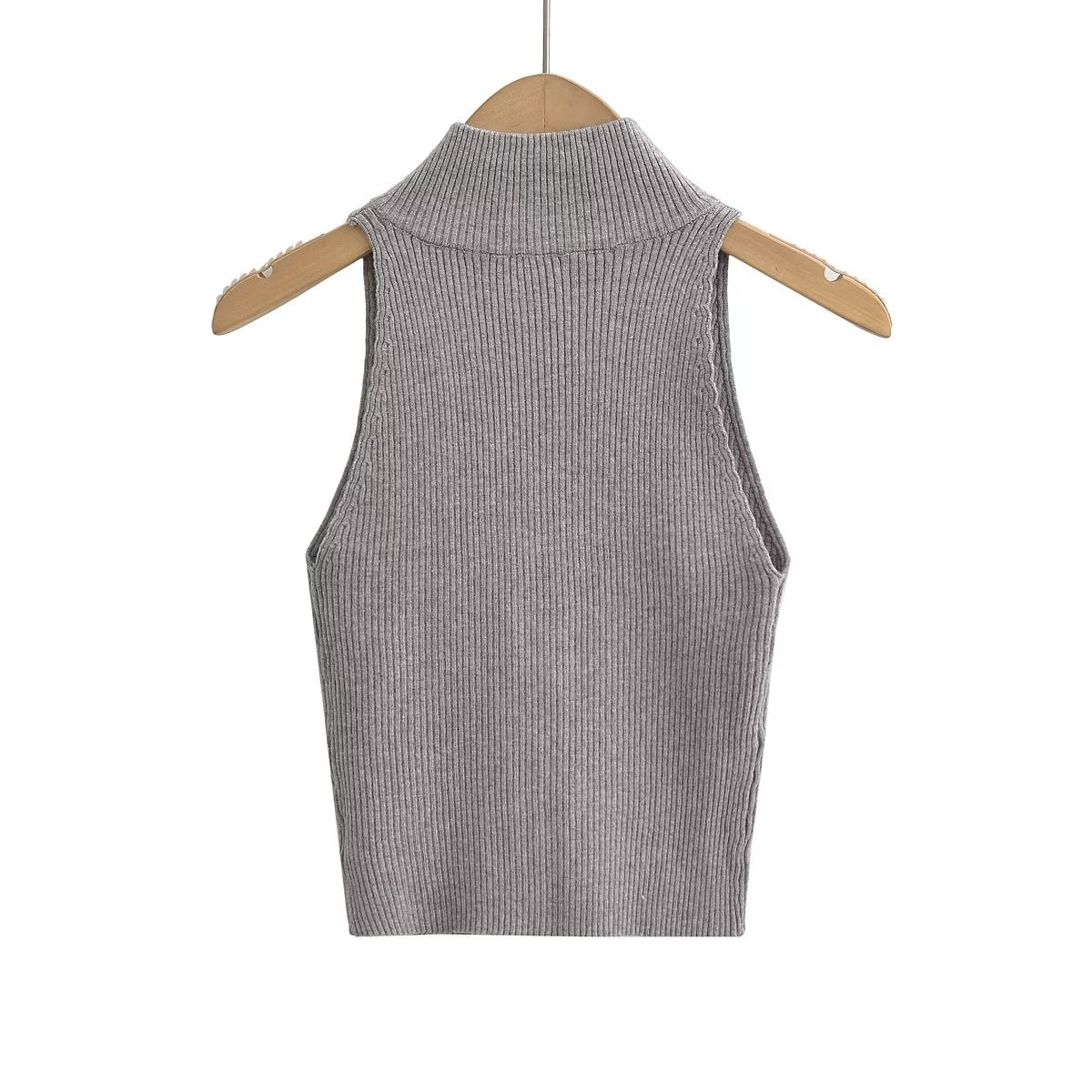 's Solid Color Stand Collar Double Headed Zipper Sleeveless Slim Top