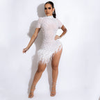 Summer Mesh Rhinestone Beaded Tassel Short Dress