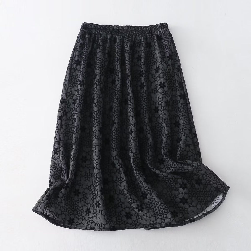 Women's Autumn Embossed Flocking Floral A-Line Skirt Autumn
