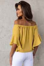 Women's Off-Shoulder Chiffon Blouse – Lace-Up 3/4 Sleeve Top